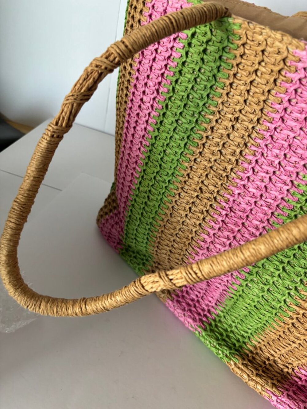 A New Day Striped Woven Straw Tote Bag Pink Green Tan Crochet Shoulder Handbag - Picture 3 of 9